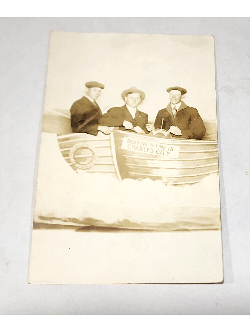 Antique RPPC Photo Charles City Iowa Studio Novelty Prop Boat Men Postcard AZO